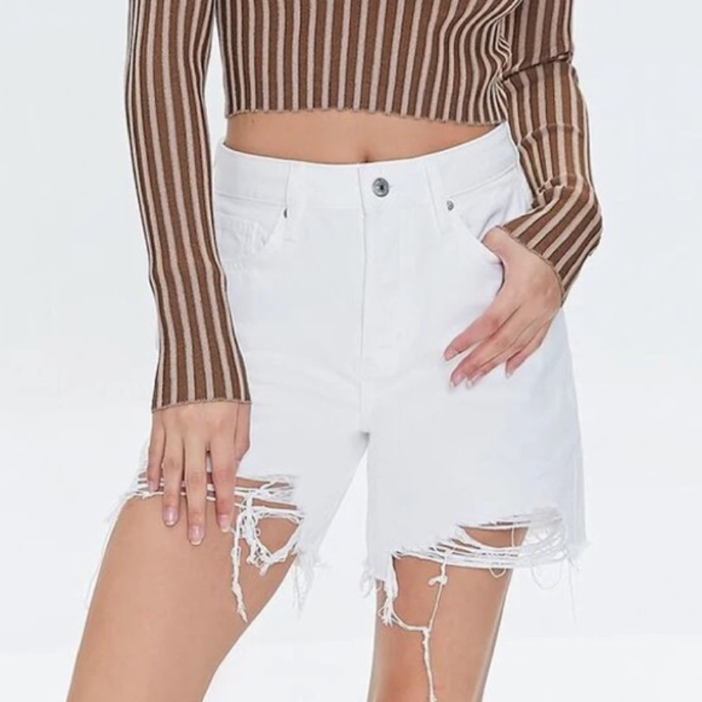 White Frayed Denim Mom Jean Shorts